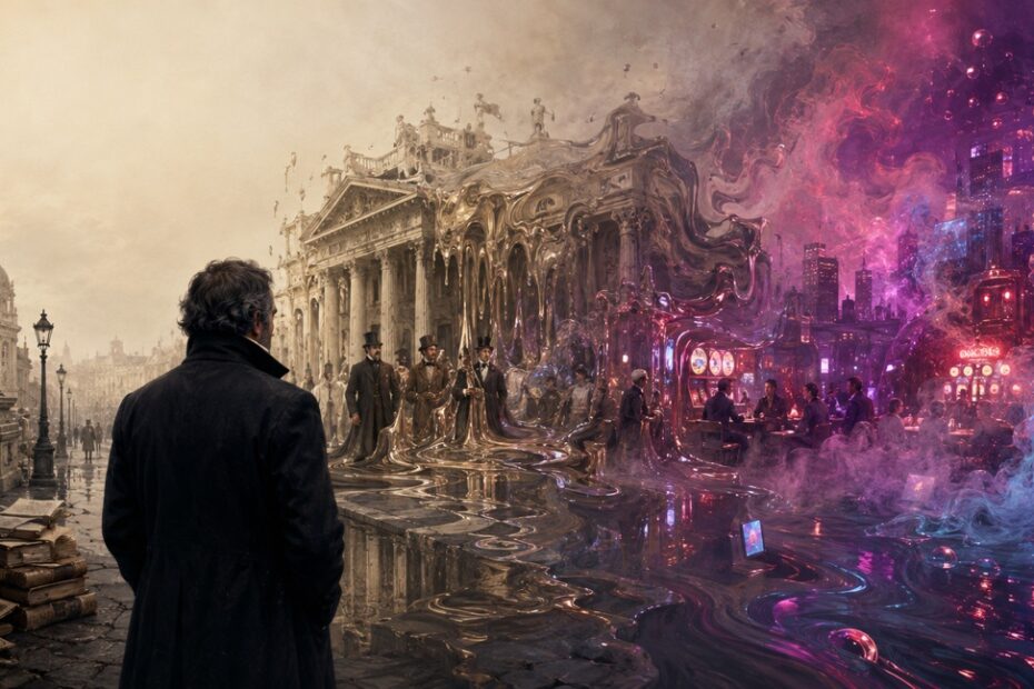Figura ante una ciudad clásica que se disuelve hacia un paisaje urbano gaseoso y luminoso