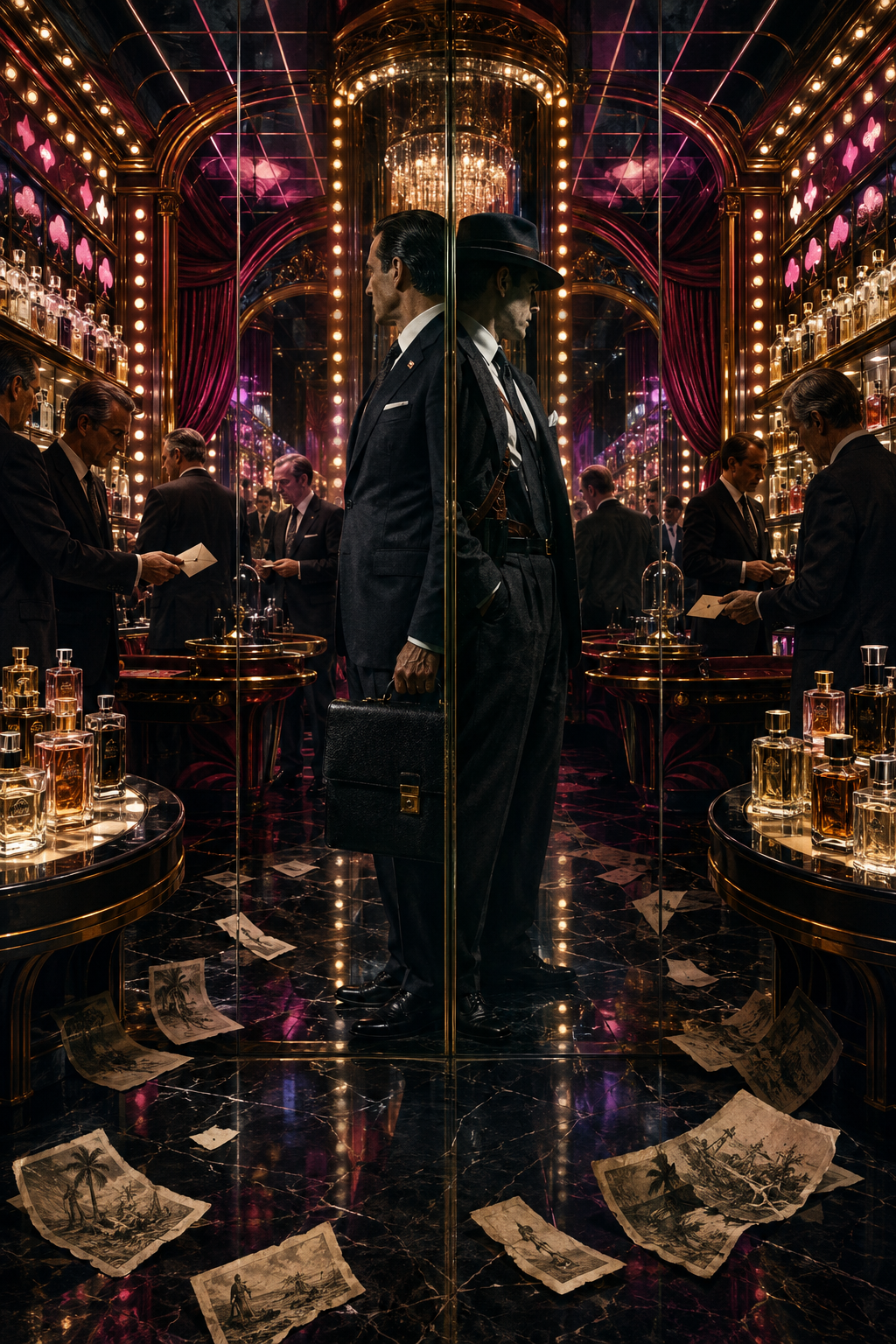 Interior de perfumería brillante con estética de casino y figuras institucionales entre espejos